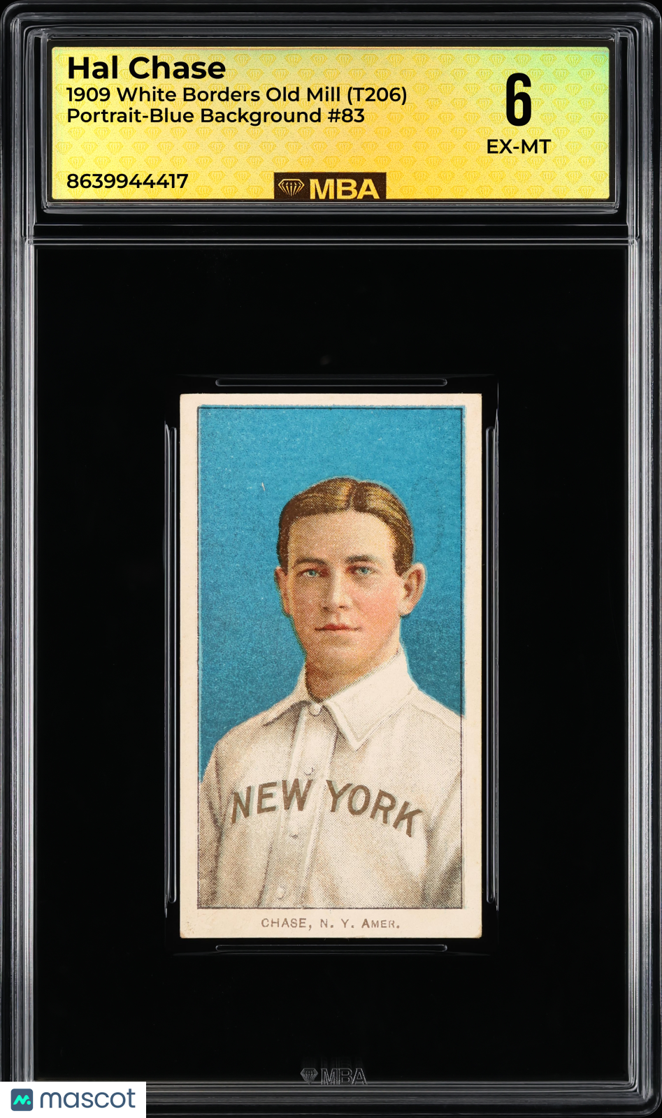 1909 White Borders Old Mill (T206) Hal Chase #83 Portrait-Blue Background MBA 6