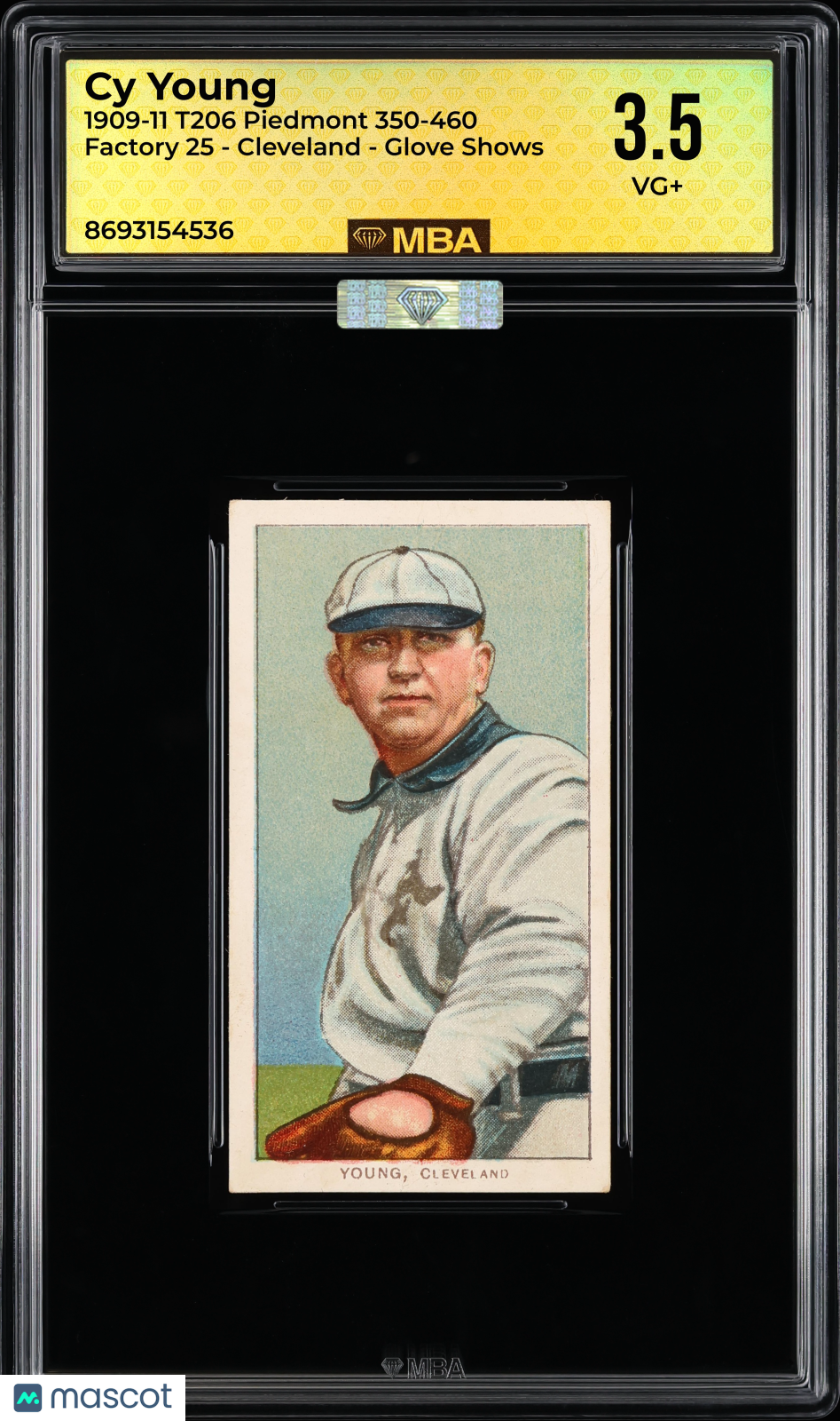 1909-11 T206 Piedmont 350-460 Factory 25 Cy Young Cleveland  Glove Shows MBA 3.5