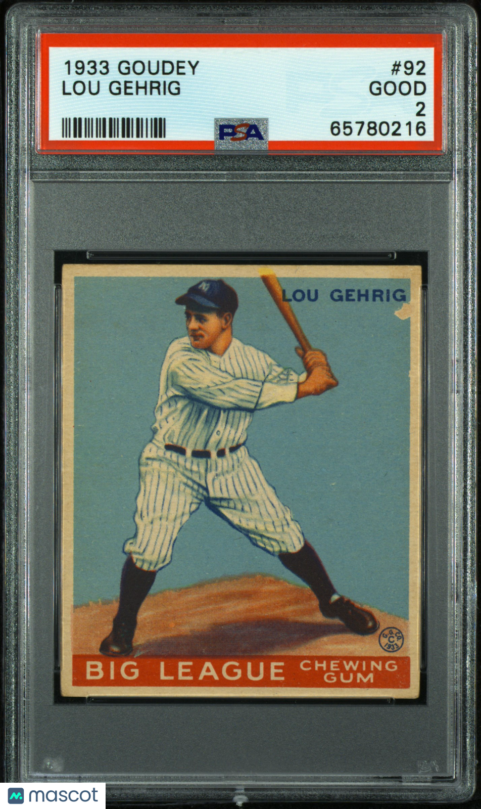 1933 Goudey Lou Gehrig #92 PSA 2,  Fanatics Top 30% For Eye Appeal, WOW